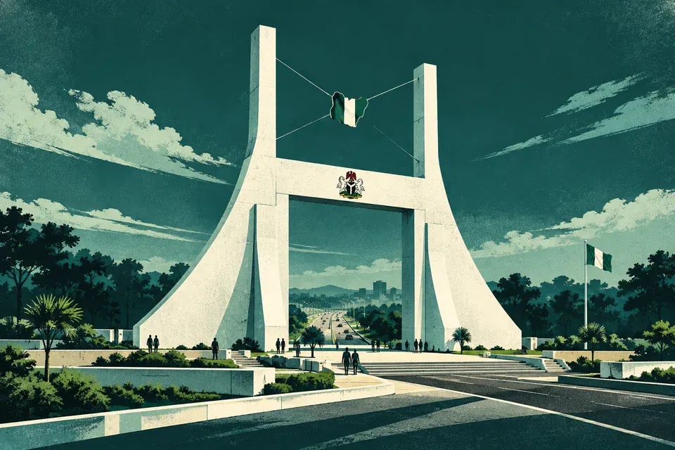 Textured teal illustration of Abuja City Gate, with people in the foreground and the city beyond