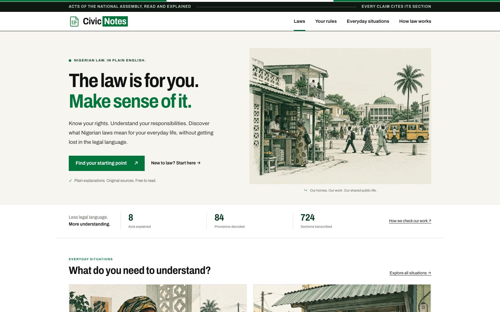 The Civic Notes homepage, with the headline "The law is for you. Make sense of it." and counts of Acts, provisions and sections