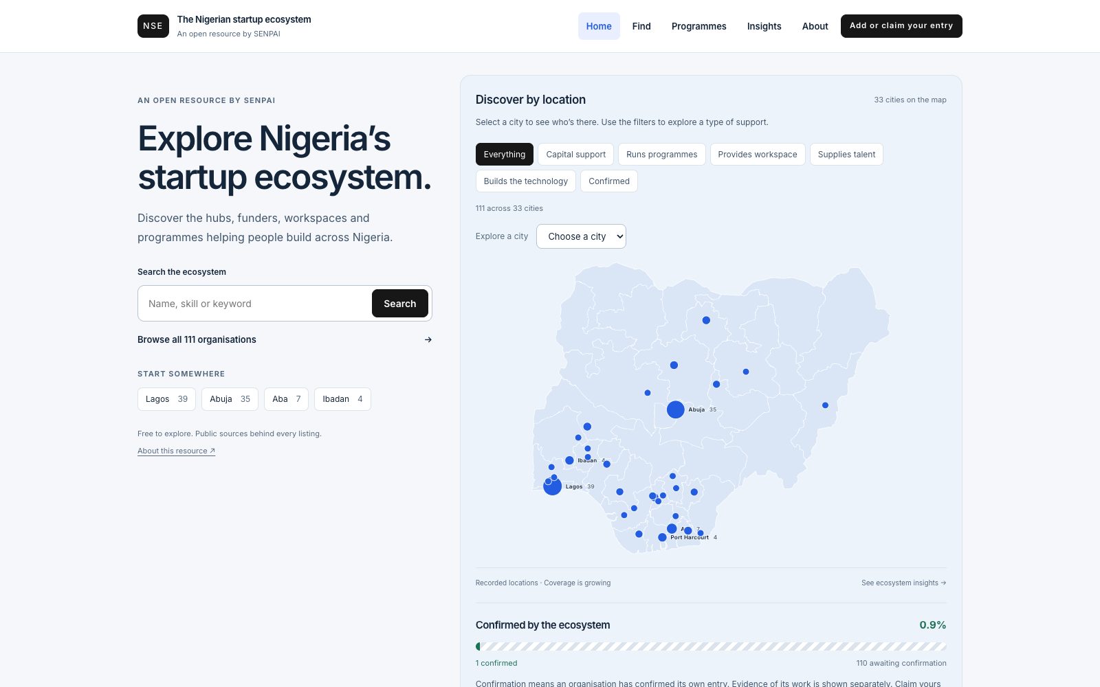 The Nigerian startup ecosystem record, showing a search box, a map of Nigeria with city counts and filters