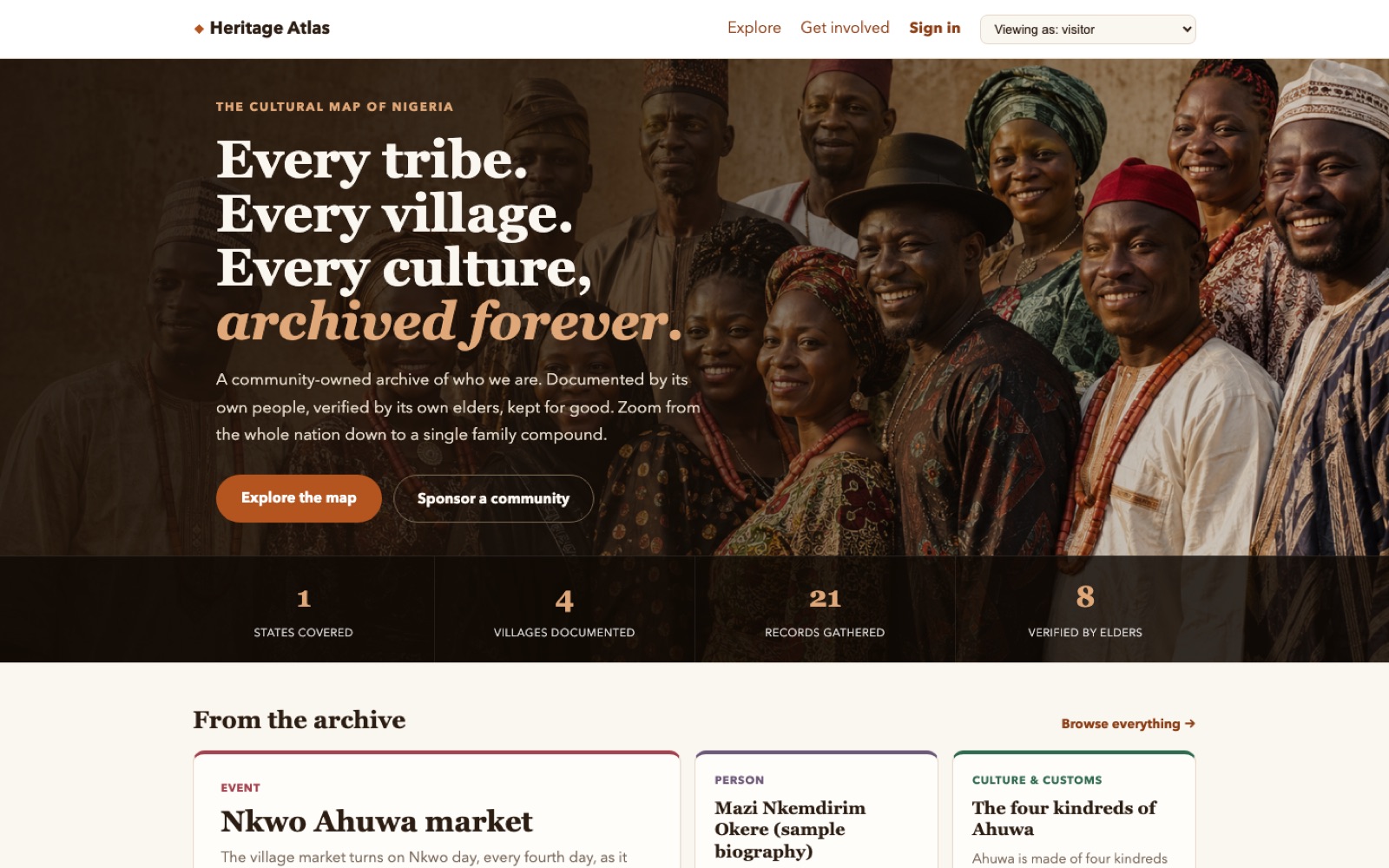 The Heritage Atlas homepage, showing the cultural map of Nigeria